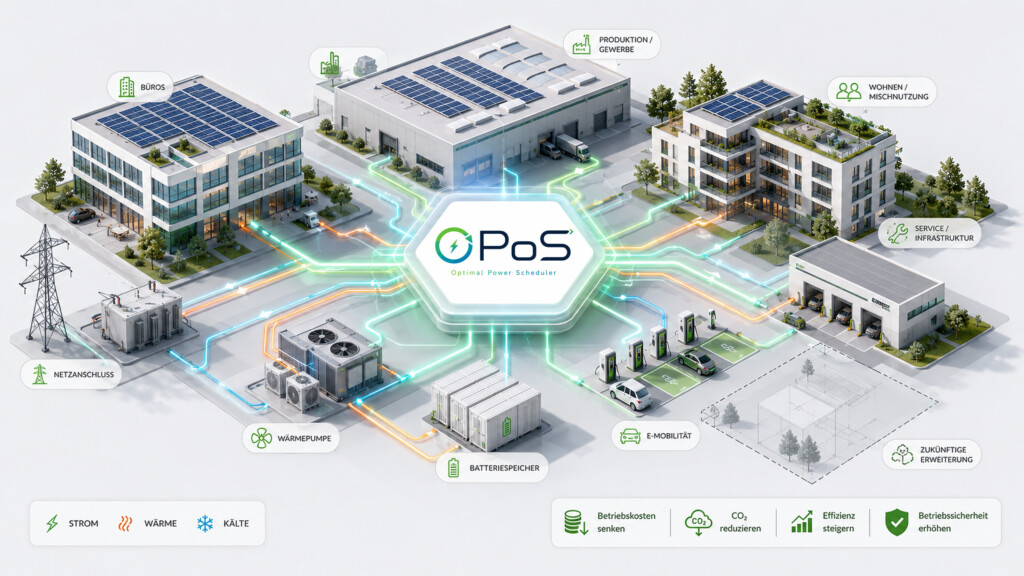 Illustration eines vernetzten Energiesystems mit Strom, Wärme, Kälte, Speichern und OPoS